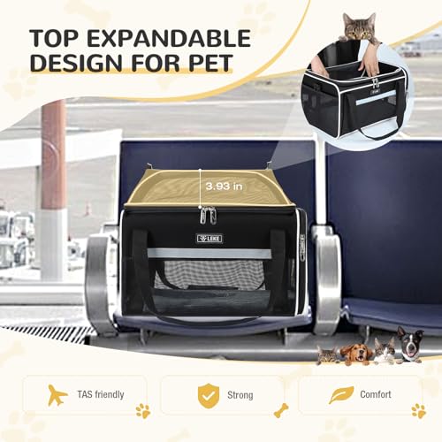 Lekereise Top-Expandable Pet Carrier 18x11x11Inch Delta American United Airline Approved Soft Sided Underseat to 15lbs Travel Carriers for Small Dogs Cats with Locking Safety Zippers Anti-Scratch Mesh - color: Black