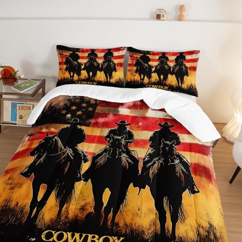 HOSIMA Cowboy Twin Size Comforter,Cowboys Riding Horses Print Western Bedding for Adults Teens Boys Room Decor,Fluffy American Flag Background Pattern Country Comforter with 2 Pillowcases. - color: Brown, size: Twin