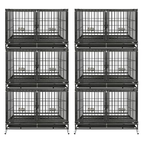 Homey Pet 2 Pack Three Tiers 43" Stackable Heavy Duty Double Dog Crate Bank | Commercial Modular Dog Kennel with Dual Front Doors, Divider, Auto Locks, Removable Tray, Bowls for Small and Medium Dogs - size: 43.0"L - 3 Tiers - 2P