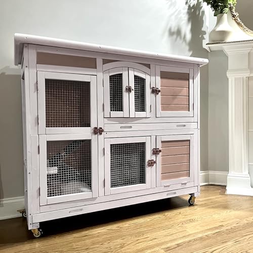 GUTINNEEN Rabbit Hutch Indoor and Outdoor Bunny Cage with Wheels Hamster House Guinea Pig Cages for Small to Medium Animals Waterproof Leakproof Tray