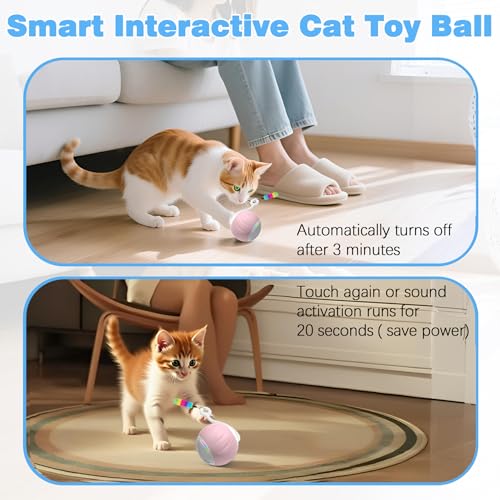 Upgraded 2.36 Inch Large Interactive Cat Toys Ball for Indoor Cats, Pink | Motion and Sound Activated, 2 Speeds, Rechargeable, 5 Replaceable Tails, Stuck-Free Motor, Gray Also Available - color: Pink