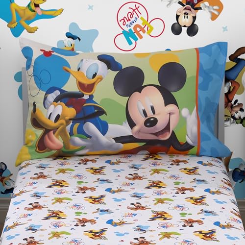 Disney Mickey Mouse Blue, Red, Green, and White, Donald Duck, Pluto, and Goofy, Fun Starts Here 2 Piece Toddler Sheet Set - Fitted Bottom Sheet, and Reversible Pillowcase - color: Mickey Mouse - Fun Starts Here