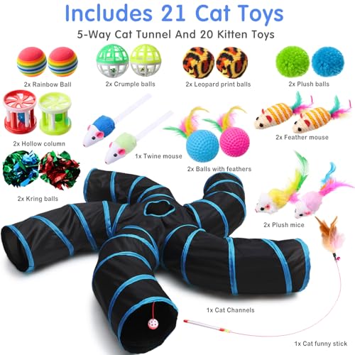 Poen 21 Pcs Cat Tunnel for Indoor Set Collapsible 5 Way Tubes with 20 Pcs Cat Kitten Toys Interactive Feather Toy Mouse Crinkle Balls Tube for Puppy Kitten Rabbit(Blue Black) - color: Blue Black