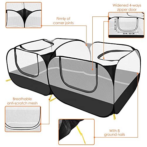 Lukovee Small Animals Playpen, Foldable Pet Playpen, 73"x36"x25" | Escape-Proof Detachable Bottom, 4 Zipper Doors, Breathable, Pen for Puppy Chicken Duck Kitten Rabbits Run Outdoor Yard ,Black - color: Black - with Escape-proof Bottom