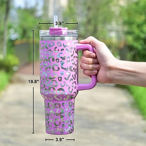 40 oz Tumbler with Handle and Straw, 100% Leak-Proof Travel Mug, Stainless Steel Double Wall Vacuum Insulated Coffee Cup Keeps Cold For 34 Hours, Full Black Leopard - color: Full Black Leopard
