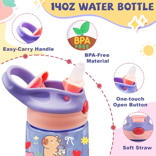 Kids Plastic Water Bottle - Cute Water Bottle for Kids, 14oz Plastic Water Bottles with Straw Lid, Leakproof BPA-Free Animal Water Bottles for Home Sports Travel, Pop-Up Straw Cover, Purple - color: Capy-bara