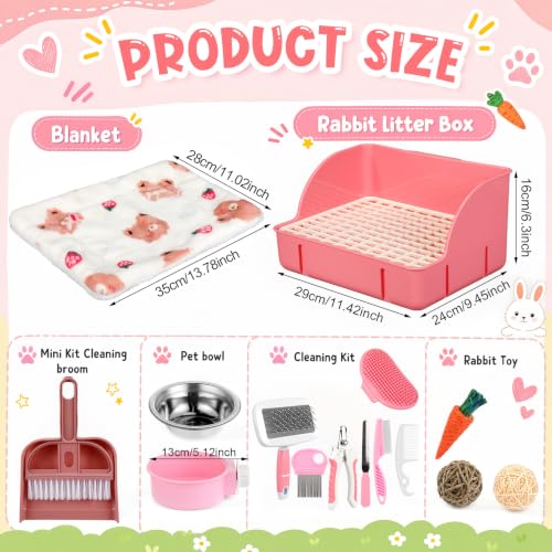 Reallnaive 15 Pcs Rabbit Starter Kit Small Rabbit Litter Box Girls Gift Animal Grooming Kit Bunny Toys Bowl Blankets with Cleaning Set for Guinea Pig Accessories (Bright Pink‌) - color: Bright Pink‌