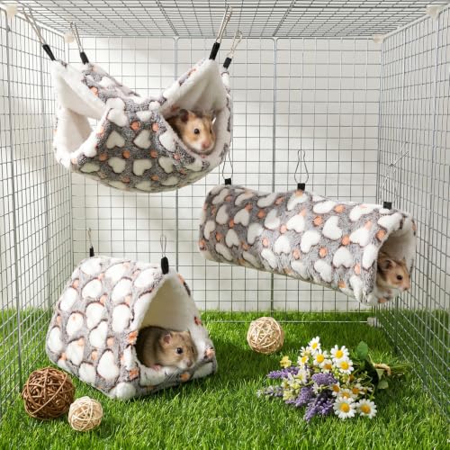 4 Pieces Ferret Hammock Set Ferret Cage Accessories Cozy Hanging Bed Tunnel Hideout Coffee Hearts Soft Coral Fleece Arctic Fleece for Hamster Guinea Pig Rat Squirrel