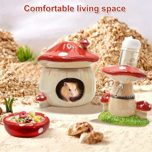 Mushroom Ceramic Hamster Hideout, Water Bottle with Stand, Food Bowl, Hamster Accessories (red) - color: red