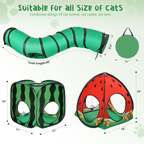 Tailtastic 3-in-1 Watermelon Cat Tunnel with Cube, Tent & Ball for Indoor | 3-way S-tunnel with hide & seek portals & balls, multi-cat cube,30-sec hook-and-loop assembly, foldable for easy storage