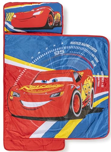Jay Franco Kids Nap Mat with Embedded Pillow & Blanket – Soft 46"x20" Microfiber Sleeping Bag with Name Tag & Handle - style: Blue - Cars