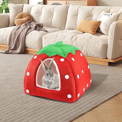 Guinea Pig Bed, Cozy Rabbit Hideout with Warm Fleece Washable Cuddle Cup Winter Sleeping House for Small Pets Strawberry Style