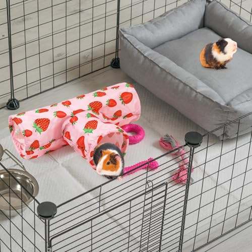 JarThenaAMCS Guinea Pig Tunnel 3 Way Washable Guinea Pig Hideout Pink Strawberry Foldable Rabbit Tunnel Small Animal Toy for Bunny Hamster Chinchilla Ferret Accessory