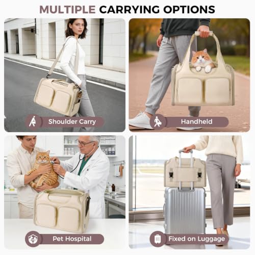 Dog, Cat Carrier for Pets Up to 12 Lbs, Airline Approved Collapsible Soft-Sided Pet Travel Bag with Locking Zippers, Breathable Mesh and 4 Large Pockets, Removable Fleece Pad (Beige) - color: Beige