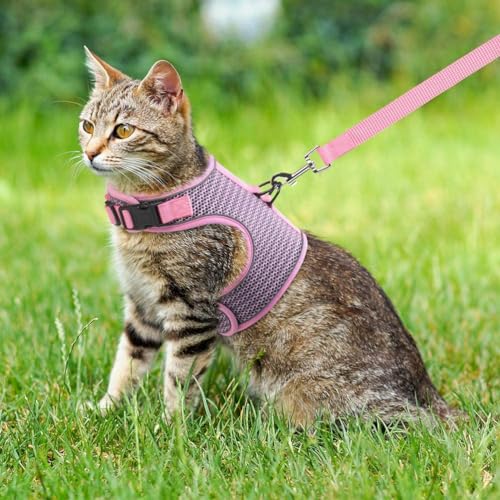 PUPTECK Soft Mesh Cat Vest Harness and Leash Set Puppy Padded Pet Harnesses Escape Proof for Cats Small Dogs Rabbits Bunny - color: Light Pink(Reflective), size: L(NECK 8.5"-10.5", CHEST 12.5"-15", 6-10 lbs)