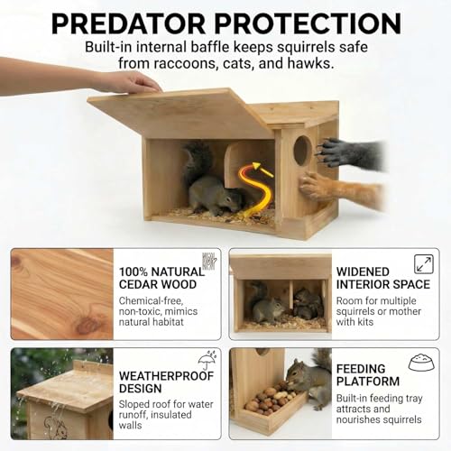 Extra Large Squirrel Houses for Outside 15.7" Outdoor Nest Box with Feeder | Carbonized pine wood, anti-predator design, Mounts on tree or fence. 2-in-1 shelter and feeder for backyard wildlife