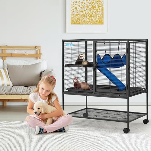 HABUTWAY 36.5''H Large Metal Rolling Ferrets Cage, 2-Tiers Small Animal Cages, Cage for Rats/Chinchillas, 0.5'' Bar Spacing for Ferret,Small Animal Cage w/Removable Ramp & Platform - size: 30.3"L x 20.5"W x 36.0"H