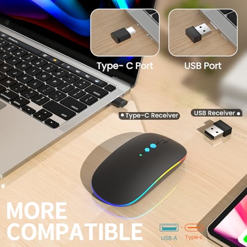 Halpilt LED Wireless Mouse A100S Rechargeable Portable Silent Mouse with Optional USB and Type-C Receiver 3-Speed Adjustable DPI for PC/Mac/Laptop (Frosted Black) - color: Ink painting