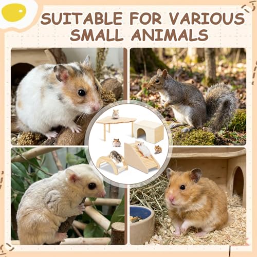 BreezeHug 4 Pcs Hamster Cage Accessories Hamster Platform Hideout Wooden Tunnel Ladder Playhouse Game Climbing Toy with Platform for Pets Dwarf Syrian Mice Degus Gerbils Squirrel(Log Cabin) - style: Log Cabin