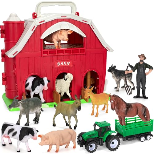 Farm Animals Toys for 1 2 3 4 5 Year Old Toddlers Girls Boys, Big Red Barn Farm Playset with Figures Animals and Tractor Toy for Kids 1-3, Educational Learning Toys, Christmas Birthday Easter Gifts