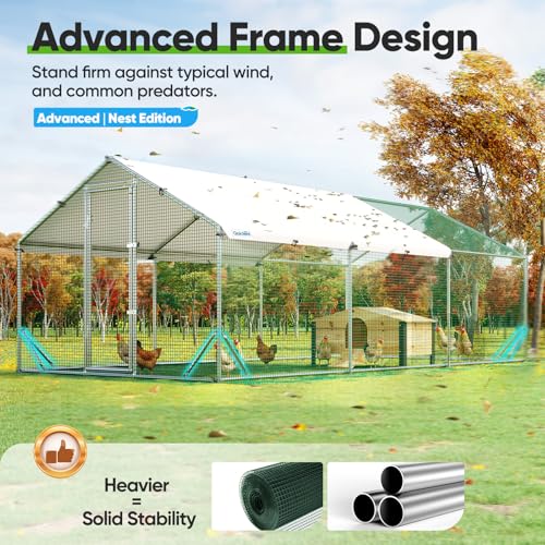 Quictent Large Metal Chicken Coop Run for 30+ Poultry w/Beige Nest Box | Side Hardware Cloth & Cover, Advanced Series Outdoor Walk-in Cage Hen Duck Rabbit Dog Pen Yard Farm House, 18x9x6.6FT - color: Beige, size: 214.5"L x 107.3"W x 78.0"H