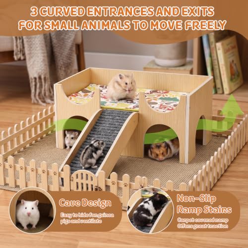 Large 2-Tier Guinea Pig Castle Hideout with Non-Slip Ramp for Small Animals | Play, Climb & Rest，Fun Toy & Cozy Hideout，Sturdy & Durable，Chew-Resistant Wood，Easy Assembly，for Hamsters, Bunny, Chinchillas