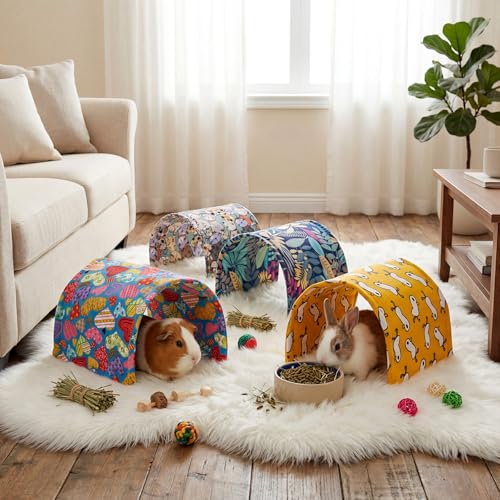 BreezeHug 4 Pcs Guinea Pig Tunnel Foldable Rabbit Hideout Washable and Soft Bunny Hide House Ferret Tunnel Toys Cage Accessories for Small Animal Hamster Hedgehogs Chinchilla(Vivid Mix) - style: Vivid Mix
