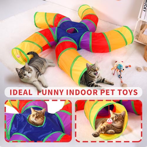 Pet Cat Tunnel, 5 Way Tunnels for Indoor Cats, Collapsible Pet Tunnel for Kitten, Puppy, Rabbit, 25cm-Wide Tunnels, Durable & Breathable, with Peek Hole Toy Ball - color: Angled 5-way Junction Tunnel & Rainbow