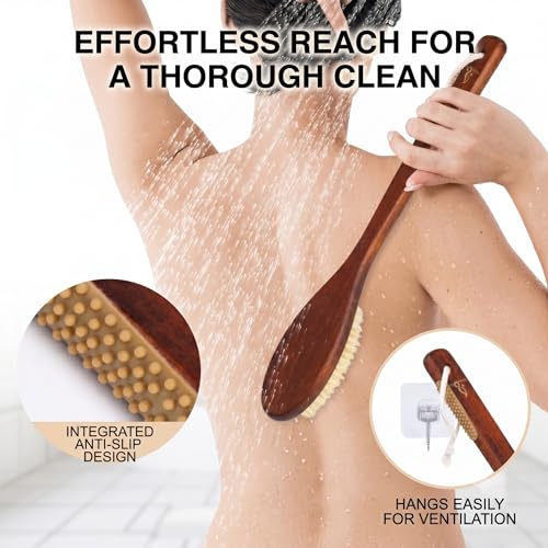 Wooden Bath Brush with Gentle Bristles Long Handle for Shower Back Scrubber Body Exfoliator (Gental Boar Bristle) - color: Gental Boar Bristle