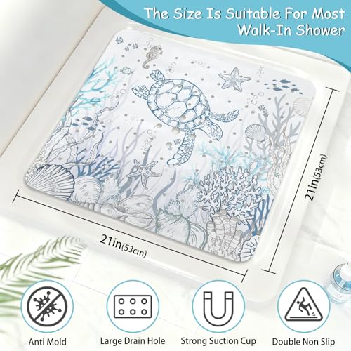 Sea Turtle Square Anti Slip Shower Mats for Inside Shower Accessories, Cute Bath Mats for Bathroom Non Slip Shower Floor Mat Decor Rubber Bathmat With Suction and Drain Holes Machine Washable, 21″X21″ - color: C04, size: 21" x 21" (Square)