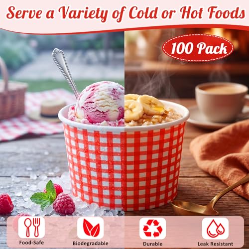 Jingmore 100 Pcs Ice Cream Paper Cups Bulk 8 oz Disposable Dessert Bowls for Hot or Cold Food Snack Treats Gift for Birthday Summer Party Favor Decoration(Red Gingham) - style: Red Gingham