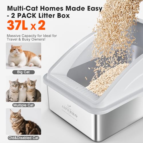 2 Pack Stainless Steel Litter Box | XL Enclosed Cat Litter Boxes with Lid for Big Cats and Multi-Cats | High Sided, Anti-Urine Leakage | Non-Stick Bottom（Silver Gray） - color: Silver Gray, size: X-Large