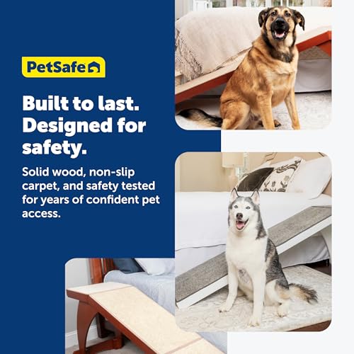 PetSafe CozyUp Wooden Pet Bed Ramp, White | Durable Wood Ramp with High-Traction Carpet Surface, for Small Dogs & Senior Dogs/Cats Up to 120 Lb, 70"L x 16"W x 25"H - color: White