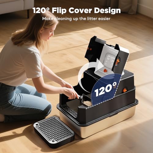 FURTIME Stainless Steel Litter Box with Lid, Enclosed Metal Cat Litter Box | XL Extra Large, Cat Box with High Sided Enclosure & Scoop, Big Cats, Front & Top Entry, Odor Free, Anti-Leakage, Black - color: Black, size: X-large