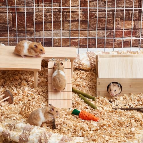 2 Pcs Natural Wooden Hamster Platform & Multi-Chamber Hideout, Flip-top Labyrinth Tunnel Cage Accessories for Syrian Dwarf Hamsters, Gerbils, Mice, Stress Relief Small Animal Habitat Decor