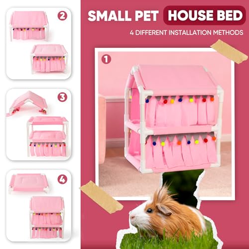 Guinea Pig Loft Bed - Small Pet Bunk Bed, Guinea Pig Hammock with Fleece Forest Hideout, Ideal for Rabbits, Ferrets and Chinchillas, Pink