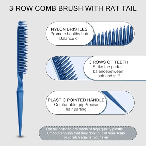 SIMPOR 3 Row Hair Comb for Natural Detangling, Hair Styling Brush, Nylon Bristle Unbraider Teasing Rat Tail Comb for Women Men Blue - color: Blue