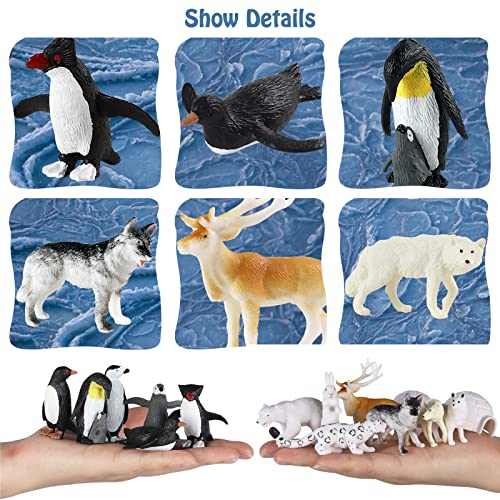 RCOMG Arctic Animals Figures, 14pcs Mini Polar Animal Figurines, Plastic Arctic Animal Toys Set with Arctic Fox Wolf Reindeer Penguins Toys