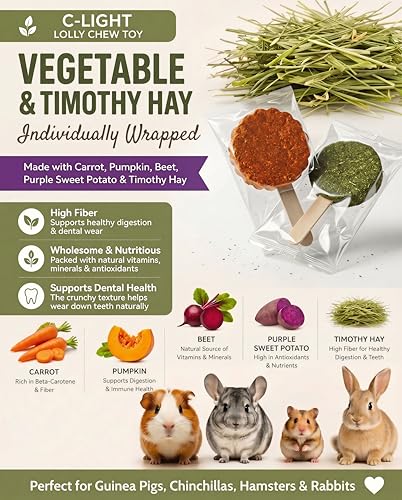 C-LIGHT Guinea Pig Chew Toys, Rotating Spinner + 8 Pcs Timothy, 5 viggies | Hay for Teeth Grind & Digestion, Rust-Proof Aluminum Toy, for Rabbit, Bunny, Chinchilla, Hamster Dental Health (Sliver)