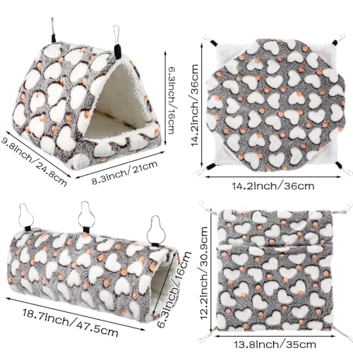 4 Pieces Ferret Hammock Set Ferret Cage Accessories Cozy Hanging Bed Tunnel Hideout Coffee Hearts Soft Coral Fleece Arctic Fleece for Hamster Guinea Pig Rat Squirrel
