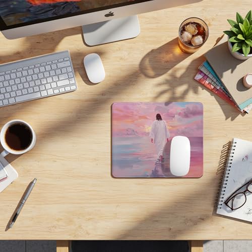 Pink Christian Jesus Walking on the Water Mouse Pad, Christian Jesus Gifts Mouse Pads Mousepad for Desk Office Computers Laptop, Religious Office Supplies Desk Accessories, 9.5x7.9 Inch - color: 03Child
