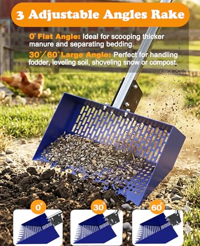 Chicken Poop Scooper & Rake with 3-Angle Adjustable Sifting Shovel | 12" Stainless Steel Chicken Coop Scoop for Sand, 22-64" No-Bend Poultry Litter Cleaner for Chicken Coop & Animals House