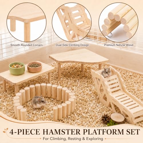 Hamster Platform, 4-Piece Set with Hamster Tunnel, Climbing Toys and Fence | Wooden Hamster Cage Accessories, Climbing Play, Hideout Tunnel, Bendable Fence, for Syrian Dwarf Hamsters, Gerbils and Mice