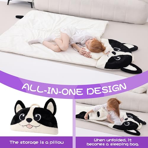 70" 4.2lbs Kids Sleeping Bag with Pillow Black Dog Toddler Nap Mat | Sleep Sack 2-in-1 Sleeping Mat& Blanket Washable Roll-Up w/ Handle For Daycare Kindergarten Thick Soft & Portable In Gift Box - color: Dog-White