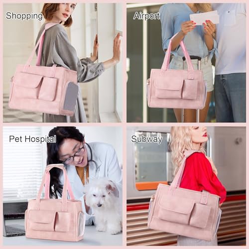 Dog Carrier Purse, Fashion Leather Pet Carrier Bag, Airline Approved Soft Sided Cat Travel Tote Bag with Pockets Pink - color: Pink