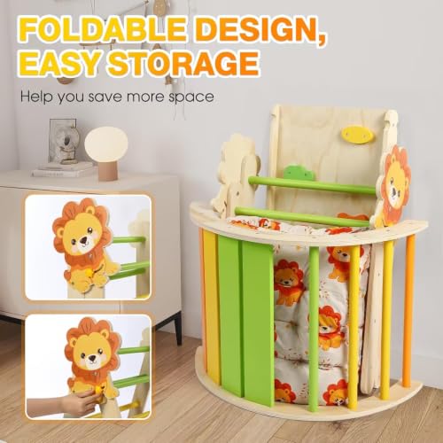 Pikler Triangle Set with Cushion, 7 in 1 Toddler Climbing Toys Indoor | Foldable Space-saving Design, Montessori-inspired Learning, Reversible Slide & Ramp, ASTM F963 Standards for Toddlers 18M-5Y - color: Lion