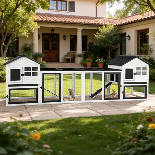 Extra-Long Outdoor Rabbit Hutch with Run, 2-Tier Fir Wood Bunny Cage, Waterproof Roof, Pull-Out Tray, Secure Latches,105.2 x 20.8 x 36.2 in - color: White, size: 105.2"L x 20.8"W x 36.2"H