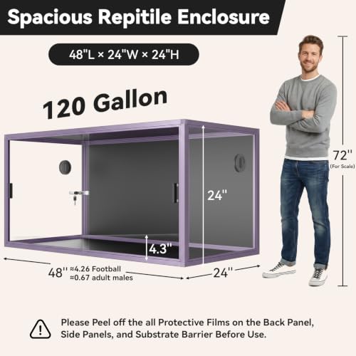 120 Gallon Reptile Enclosure 48" x 24" x 24", Front Opening Reptile Enclosure with Tempered Glass Doors, Safety Lock & Screen Top Ventilation, for Bearded Dragon, Ball Python, Snake, Gecko - color: Purple, size: 48" x 24" x 24"