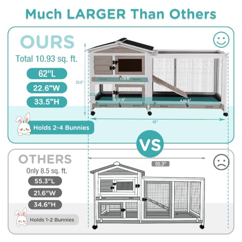 Suumerpety 62" Rabbit Hutch with Chew-Proof Ramp & Waterproof Roof - Indoor/Outdoor Bunny Cage, 2-Story Design, 6 Lockable Caster Wheels & Dual Pull-Out Trays (Brown) - color: (Brown)