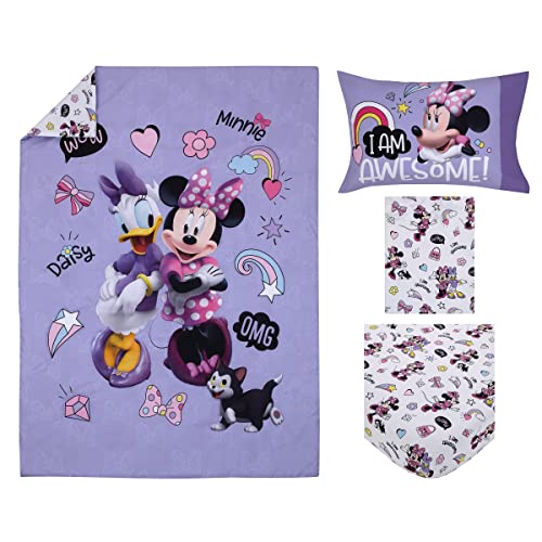 Disney Minnie Mouse I am Awesome Lavender, Pink, and White with BFF Daisy Duck, and Figaro The Cat 4 Piece Toddler Bed Set - Comforter, Fitted Bottom Sheet, Flat Top Sheet, and Reversible Pillowcase